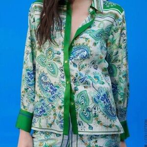 Zara Printed Button-Down Shirt | Size XL | Designer-Inspired Green Pattern Chic